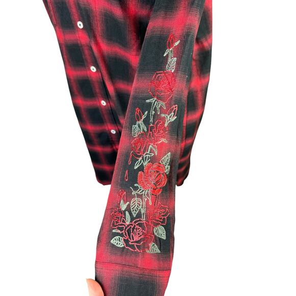 Adaptation NWT Barneys New York Red Black Plaid Flannel Rose Embroidered Dress - Picture 8 of 13